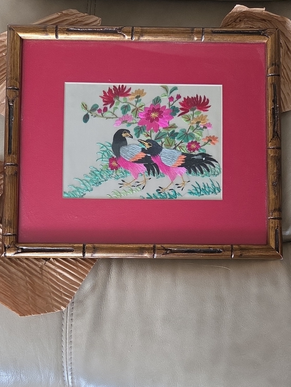 Vintage Framed Floral Bird Intricate Silk Embroidery Artwork - Red Mat Accent